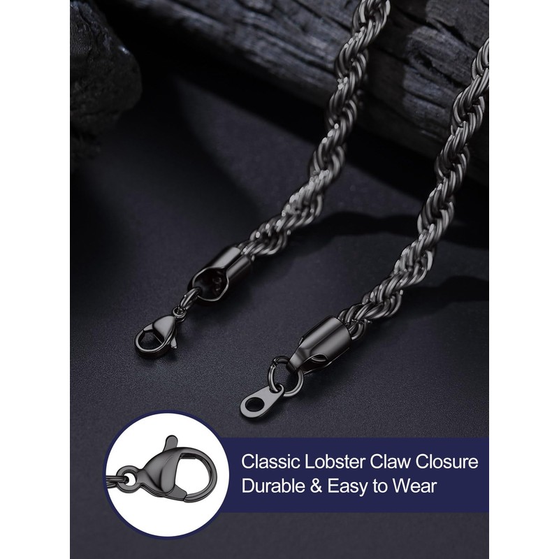 Mens 6MM Rope Chain Necklace 22 Inch Solid Stainless Steel