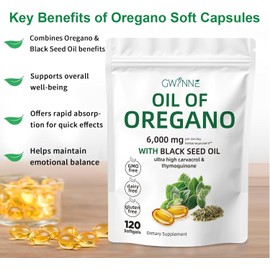 gwynne Aceite de orégano con aceite de semilla negra, 120 cápsulas de aceite de orégano orgánico de 6000 mg（1 PCS)