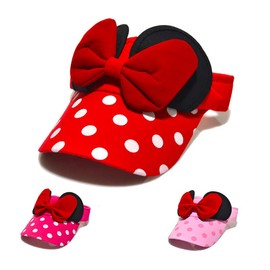 D.O.T Mouse Ear Hat Baby Toddler Girls Sun Visor Hat Adjustable Polka Dots Empty Top Baseball Cap with Bow for Kids Ages 1-5 (Red)