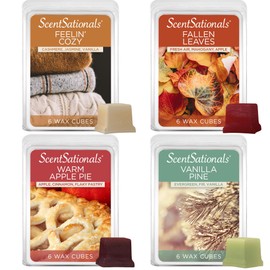Scentsationals Wax Melts Cozy Core - Harvest Home 4-Pack – Long Lasting Wax Cubes with Strong Scent for Warmers – Includes Warm Apple Pie, Vanilla Pine, Fallen Leaves & Feelin Cozy – 10oz (24-Cubes)