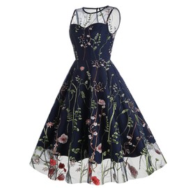 Keyhole Floral Embroidery Dress Mesh Sleeveless Embroidered Dress for Women Flower Dress Illusion Retro Vintage Cocktail Party Dress Patchwork Wedding Holiday A-line Tulle Evening Dress Navy Blue XL