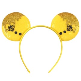 Yellow Sequin Mouse Ear Headband with Bees, Party Amusement Park Hairband for Unisex Adult and Children