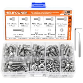 HELIFOUNER 210 Pieces M5 x 6mm /8mm /10mm /12mm /16mm /20mm, Hex Socket Head Cap Metric Screws Bolts Washers Nuts Kit, 304 Stainless Steel