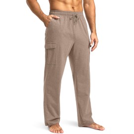 Pudolla Men's Cotton Sweatpants with Cargo Pockets Open Bottom Yoga Pants for Men Lounge Pants for Athletic Workout Casual(Khaki Medium)