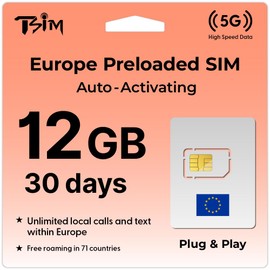 TSIM Europe SIM Card 30day | 12Gb High Speed Data | Auto Activating Preloaded SIM Card | UK Three SIM Card Free Roaming in 71 Countries.