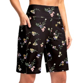 G Gradual Women's 9" Long Swim Board Shorts with Pockets High Waisted Knee Length Beach Swimming Shorts for Women with Liner(Black Floral,L)
