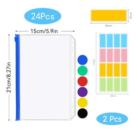 24 Stück A5 Binder Taschen, 6-Loch Klarsichthüllen Ringbuch mit 32 Etikettenaufkleber, Wasserdicht Bindertaschen mit Reißverschluss für Dateien Dokumente Notizbücher Karten