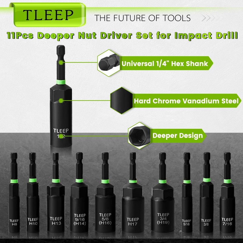 TLEEP Deep Nut Driver Set for Impact Drill w/Wing Nut