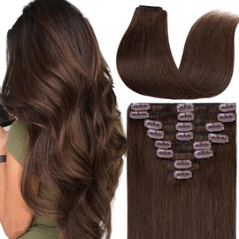 Clip in Hair Extensions Human Hair Full Head 8 Pieces 18 Clips 100% Real Silky Human Hair 22"-110g Medium Brown (#4)