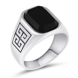 Men's Stainless Steel Ring with Black Agate Stone,Textured Band Design (Greek Key Pattern,8)