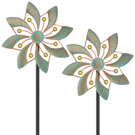 MeyRolizn Wind Sculpture for Outside Standing Vintage Wind Spinner Yard Art Decorations Metal Windmill for Outdoor Patio Lawn Garden Decor (2pcs-Green)