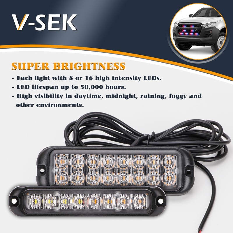 V-SEK 8PCS LED Red Blue Strobe Lights Kit 8-LED 16-LED