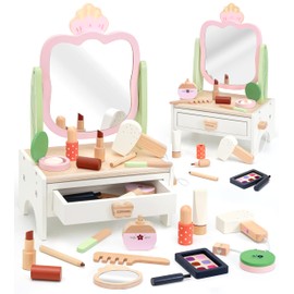 KizKnows Wooden Vanity Set for Kids Pretend Play Makeup Toy Set with Rotatable Mirror Toddler Beauty Salon Play Set with Makeup Accessories Gifts for Little Girls Age 3+ (Pink)