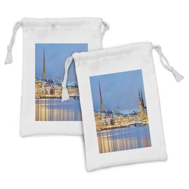 Lunarable European Fabric Pouch Set of 2, Old Town by the River in Germany Nostalgic Tower Culture Baroque Heritage Print, Small Drawstring Bag for Toiletries Masks and Favors, 9" x 6", Multicolor