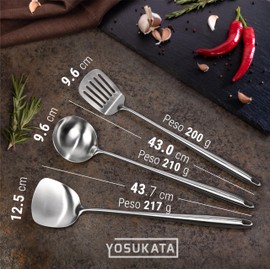 Yosukata 17" Wok Spatula and Ladle and Turner Spatula - Stainless Steel Cooking Utensils Set of 3-304 Stainless Steel Kitchen Utensils Set - Dishwasher Safe Wok Accessories - Cooking Tools
