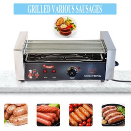 Electric Hot Dog Roller Machine - 5 Stainless Steel Hot Dog Rollers - Commercial and Household Hot Dog Machine - No Cover Silver