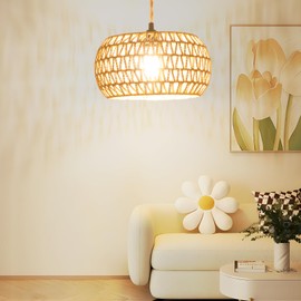 Eqquorva Plug in Pendant Light,Rattan Hanging Lights with Plug in Cord,Handmade Hanging Lamp Plug in,Rattan Light Fixtures Ceiling Hanging for Living Room Bedroom