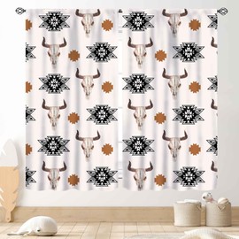 Aztec Curtains, Western Bull Skull Southwest Tribal Ethnic Native American Cow Print Rustic Retro Farmhouse Country Style Drapes for Living Room Bedroom Kitchen Bathroom Window 2 Panels, 42"x63" Inch