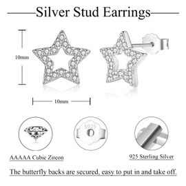 Estrellique Star Stud Earrings for Women Girls, Hypoallergenic Cartilage Sleeping Stud Earrings, 925 Sterling Silver Stud Earrings, Silver Small Stud Earring with Zirconia, 8mm Stud Earrings Jewellery
