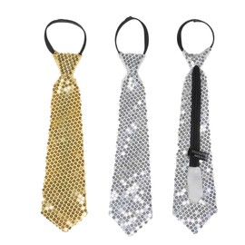 NiceYnn 2pcs Sequined Zipper Ties for Men, Glitter Sparkly Paillette Adjustable Pre-Tied Zip Necktie, Shinning Sequins Dance Party Magic Show Stage Performance Costume Tie Gold + Silver