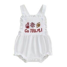 KMBANGI Baby Girl Football Overalls Romper Sleeveless Letters Embroidered Bodysuit One Piece Ruffle Suspender Shorts 0-18M (White, 3-6 Months)