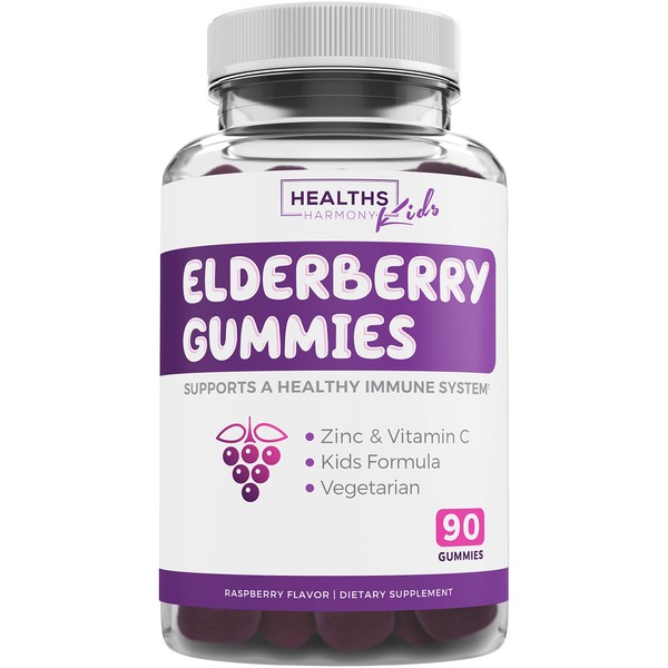 Elderberry Gummies for Kids with Vitamin C & Zinc (90 Delicious Raspberry Gummies) Immune Support Supplement for children - Sambucus Elderberry Gummies - 3 Months Supply: Vegetarian - No Pills