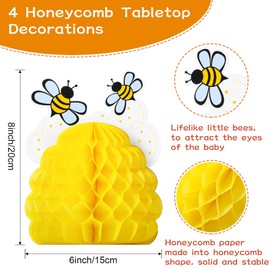 Pack of 4 Honey Bees Baby Centrepieces Honeycomb Decorations Bee Honeycomb Table Decoration with Bees Sunflowers Stickers for Bees Day Baby Shower Birthday Party Decoration