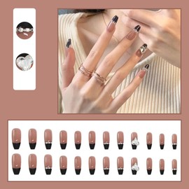 Medium Length Press on Nails, Artificial Acrylic Fake Nails for Women, 24PCS Full Cover Reusable False Nails Kits, Love Heart Rhinestone Decorations Nails Design, Glue on Nails Fake Nails