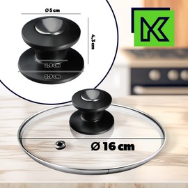 KADAX Pot Lid, Universal Glass Lid with Black and Silver Handle, Heat Resistant Lid in Various Sizes, Pan Lid, Glass Lid for Pot, Pan (16 cm)