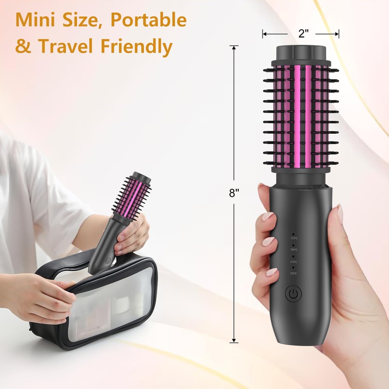 Cordless Hair Curling Iron Brush, Travel Hot Straightener Comb Curl