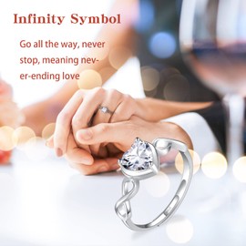 Qings Heart Birthstone Rings for Women 925 Sterling Silver Adjustable Open Infinity Engagement Wedding Ring with Cubic Zirconia Birthday Christmas Jewellery Gifts for Mother, Sterling Silver, Cubic