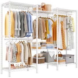 Raybee White Clothing Rack Heavy Duty Clothes Rack Load 900Lbs Clothes Racks for Hanging Clothes Rack Metal Garment Rack Portable Clothes Rack Heavy Duty Freestanding Closet Wardrobe 77"H x69"W x16"D
