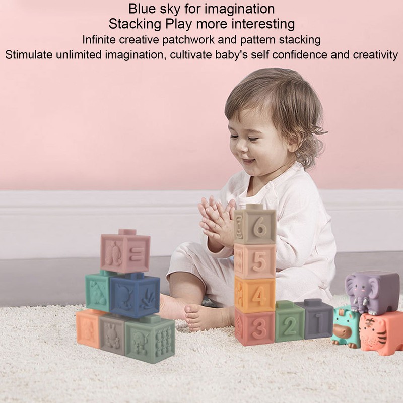12PCS Children Silicone Building Blocks Soft DIY Educational Chewable Animals