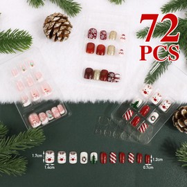 BOFUNX 72 Pieces Christmas Nails for Sticking, Short Red Artificial Nails, Snowflake, Santa Claus, Reindeer, Christmas Tree, False Nails, Festival Fake Nails for Women and Girls