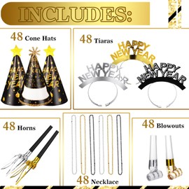 Foilswirl 240 Pcs New Year's Eve Party Supplies for 48 Guest Cone Hats Glitter Tiaras Beaded Necklace Tassel Squawker Curled Squawker(Classic,Black, White, Gold)