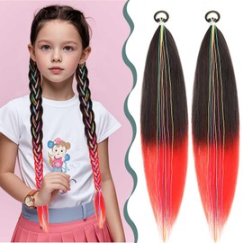 Braiding Hair Extensions - Ponytail Extensions with Elastic Tie Colorful Braid Hair Extension Kids Hair Extensions for Girls Twist Braids Hair for Women Red Hair Extensions 26'' 2pcs(Black/Red)