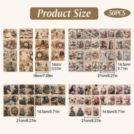 URROMA 50Pcs Vintage Scrapbook Collage Supplies Pack, 4 Styles Junk Journal Material DIY Card Retro Crafts Decor for Photo Frame Notebook Album