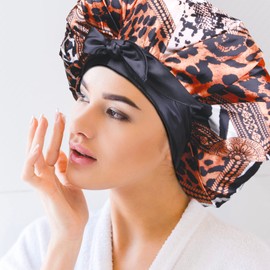 DONNA Large, Extra Large Adjustable Tie Satin Bonnet Sleep Cap 1pc Satin Headband Around Hairline & Nape Area Hair Accessories Night Cap Shower Caps, 1PC MULTI ANIMAL PATTERN