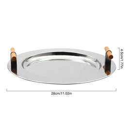 Round Stainless Steel Serving Tray, Home Storage Tray with Wooden Handle Tea Serving Tray Coffee Snack Dinner Party Storage Tray (Silver)