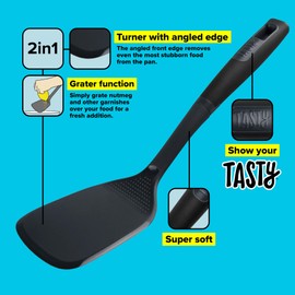 Tasty Everyday Cooking Turner with Grater & Angled Edge, Cooking Spatula, Non-Stick Heat Resistant Head, Kitchen Turner, Non-Scratch, Size: 34x10x6cm, Colour: Black & Grey