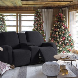 KinCam Loveseat Recliner Covers with Middle Console Slipcover, Recliner Sofa Covers 2 Seat Couch Cover Stripe Jacquard Furniture Protector Covers with Elastic Bottom for Kids, Pets (Black)