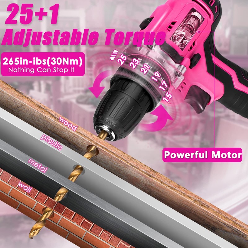 ThinkLearn Tool Kit with 20V Cordless Drill(265in-lbs), Pink Drill Set