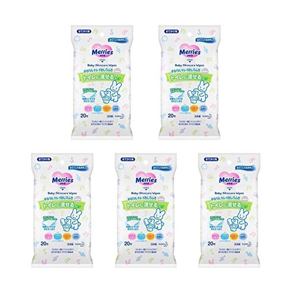 Kao Merries Clean Flushable Wipes for Going Out, 20 Sheets x 5 Set