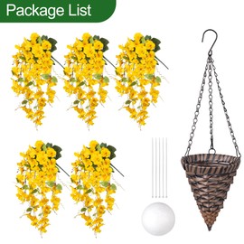 Artificial Fake Hanging Hibiscus Flowers Plants Baskets for Outdoor Outside Spring Summer Decoration, Faux Silk Hibiscus Long Vines in Planter UV Resistant Realistic Flowers (Yellow)