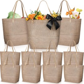 Shinylin 10 Pcs Burlap Tote Bags with PU Handles Reusable Large Jute Gift Bags Bachelorette Tote Bags Waterproof Lining Beach Bag Bulk DIY Gift Bag for Wedding Travel Shopping