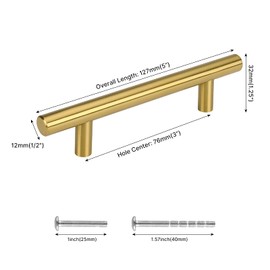 5 Pack Cabinet Handles 3in(76mm) Hole Centers Gold Cabinet Pulls Stainless Steel Drawer Pulls T Bar Brass Handles for Cabinet Modern Cabinet Hardware
