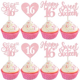 Paquete de 24 dulces 16 adornos para magdalenas, dulces dieciséis corazones de amor, 16 púas para tartas de 16 cumpleaños, aniversario, fiesta, decoración de magdalenas, color rosa claro