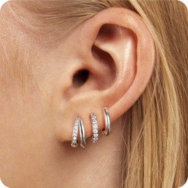 LIHADA 3 Pairs Small Surgical Steel Huggie Hoop Earrings Set for Women,Hypoallergenic Cubic Zirconia Lightweight Double Hoop Earrings