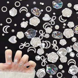 Pearls Nail Charms,200PCS Mixed Styles Rose Flower Moon Heart Bow Bowknot Nail Art Pearls and Gems,3D Resin Nail Charms Rhinestones for Nail Art Decorations Jewelry Accessories DIY Crafts