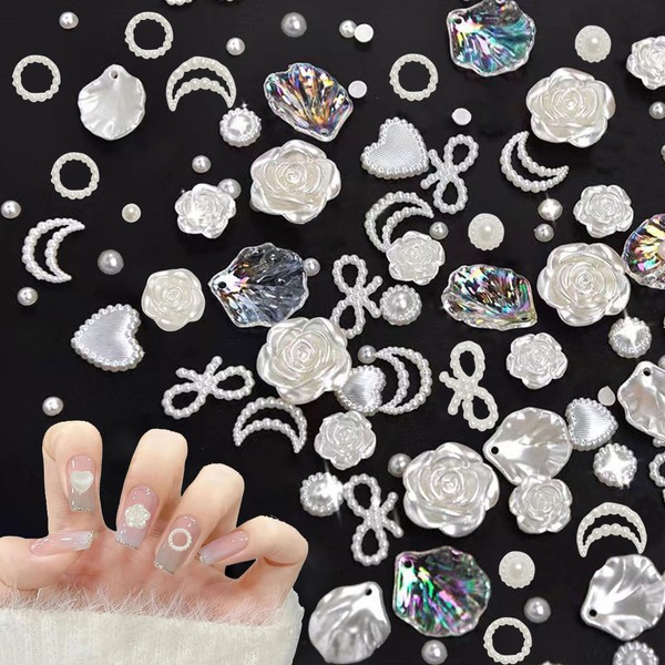 Pearls Nail Charms,200PCS Mixed Styles Rose Flower Moon Heart Bow